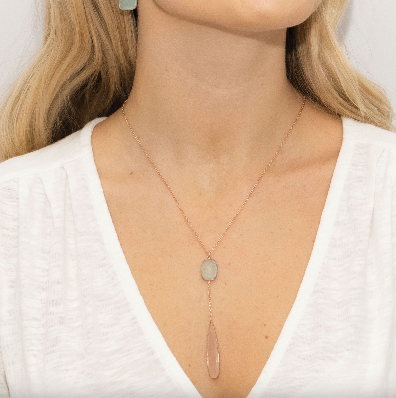 Rendezvous Multi Gemstone Long Drop Necklace & Rendezvous Aqua Chalcedony Square Drop Earring Set