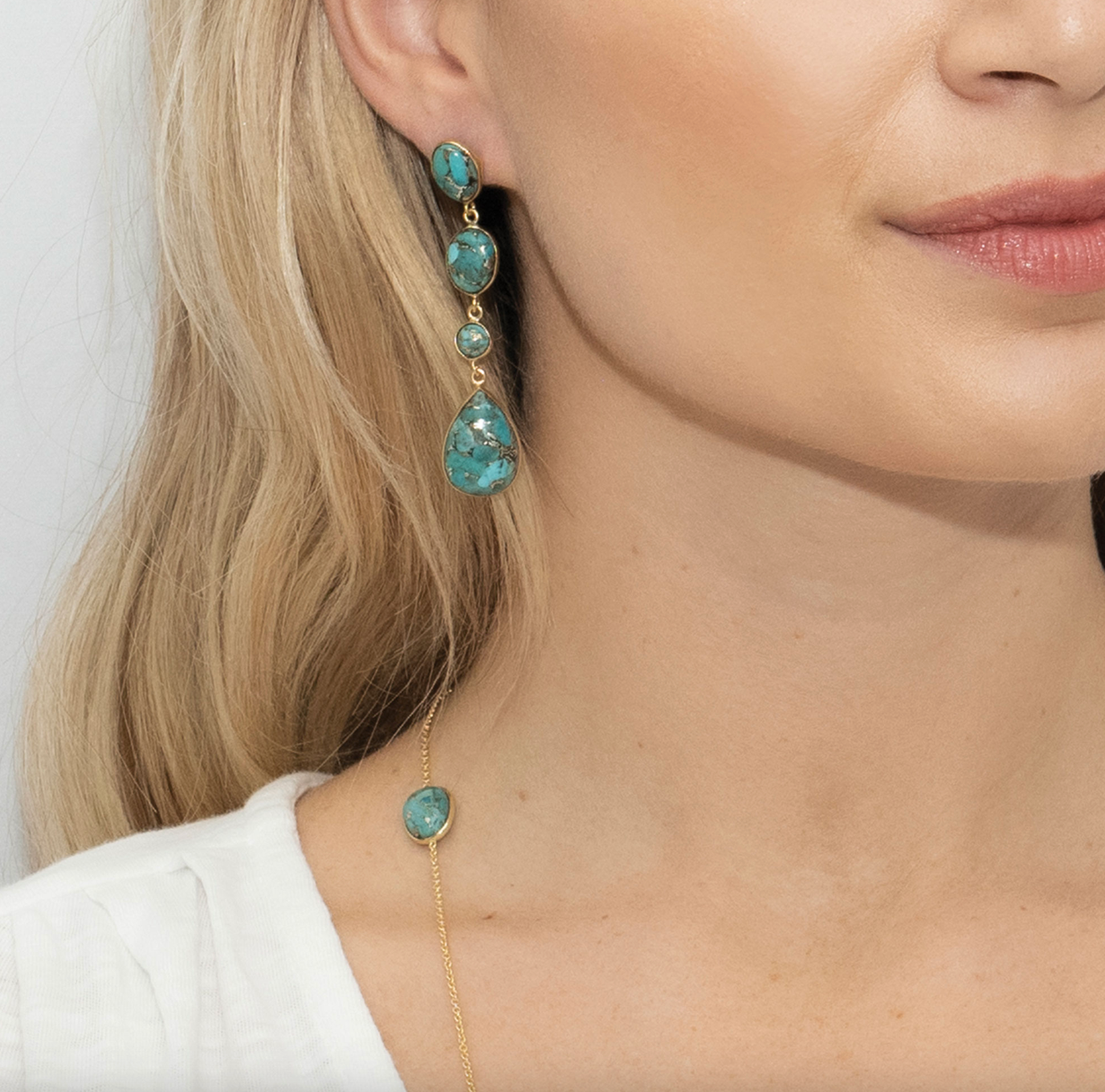 Moon River Copper Turquoise Nugget and Chain Necklace & Statement Drop Earrings