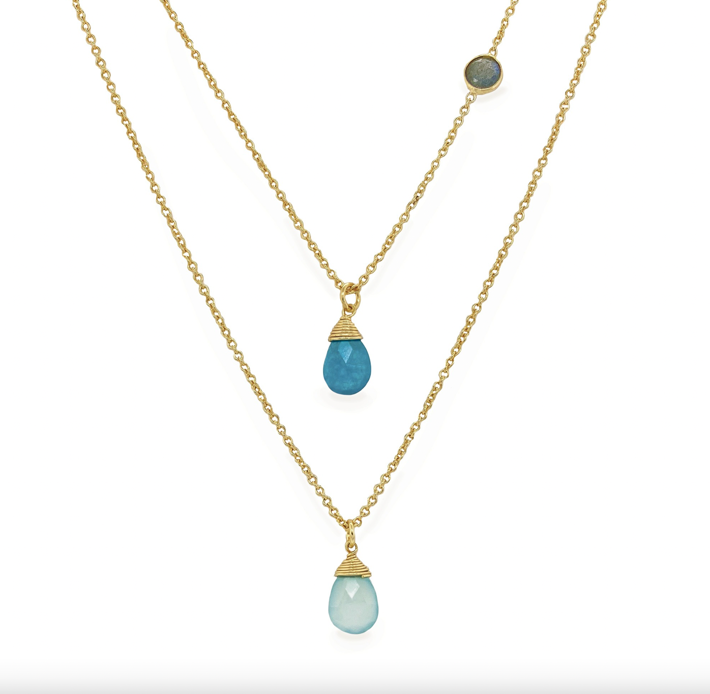 Beach House Multi Gemstone Double Chain Necklace & Aqua Calci Peardrop Earrings