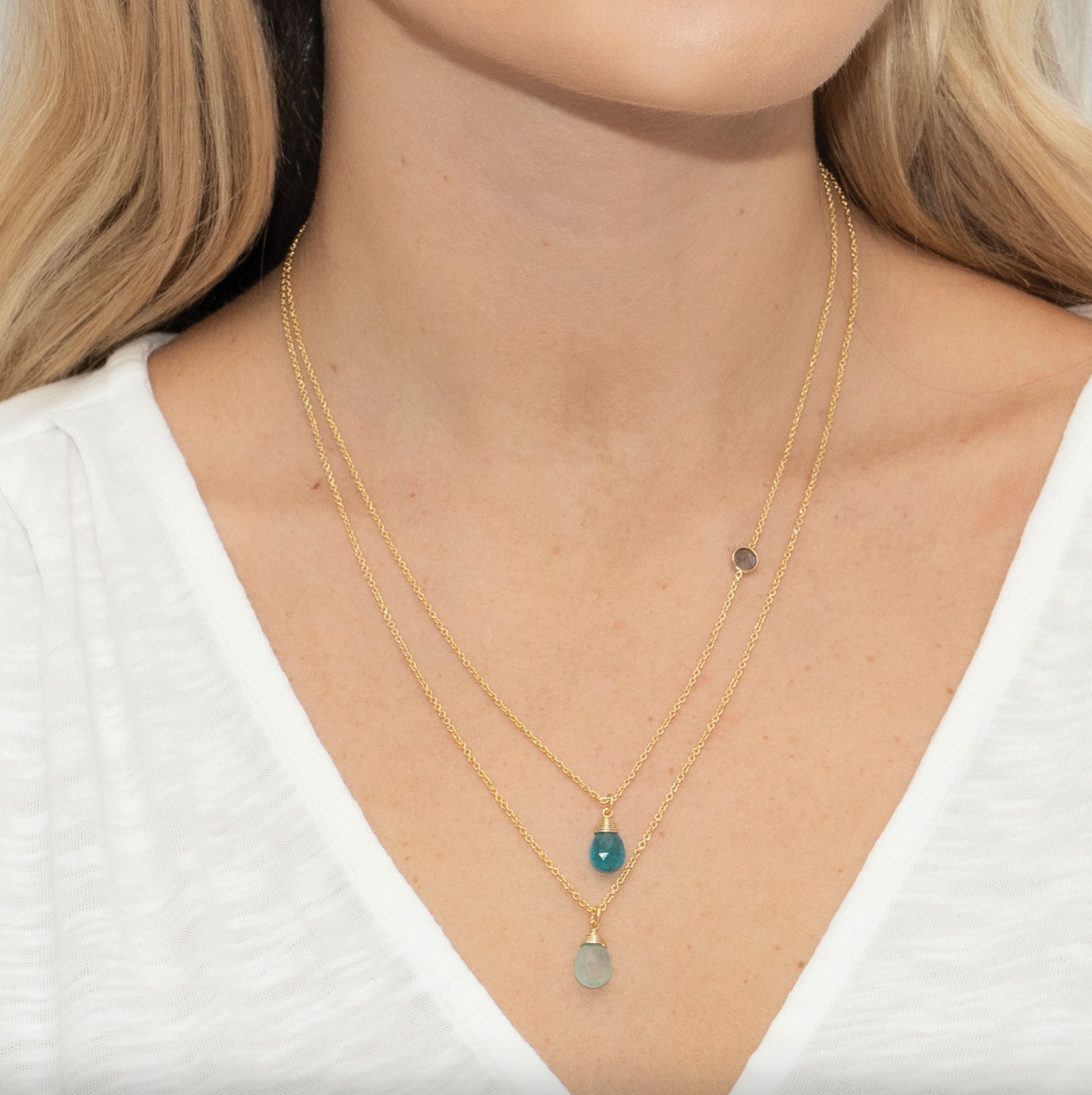 Beach House Multi Gemstone Double Chain Necklace & Aqua Calci Peardrop Earrings
