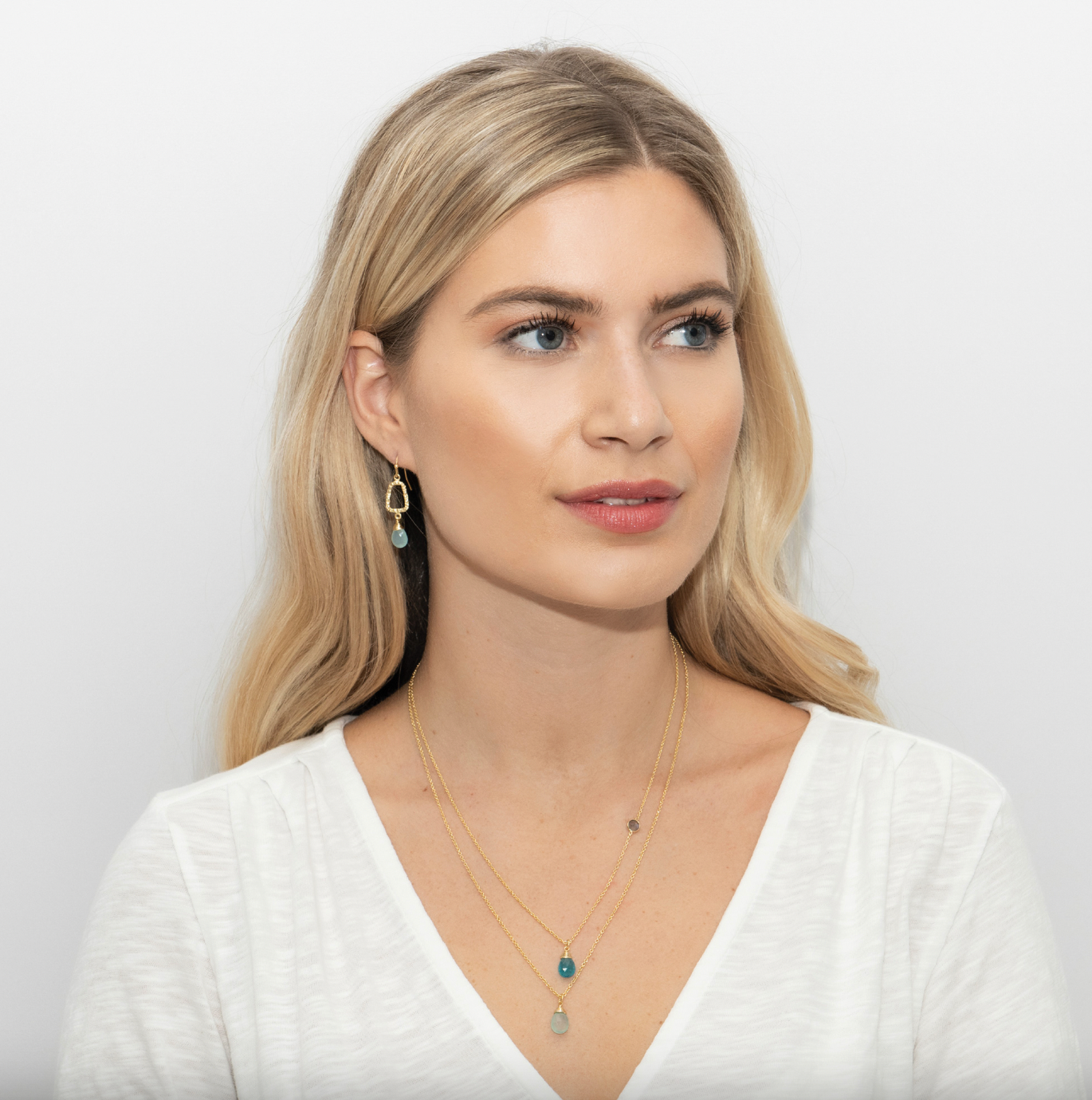 Beach House Multi Gemstone Double Chain Necklace & Aqua Calci Peardrop Earrings