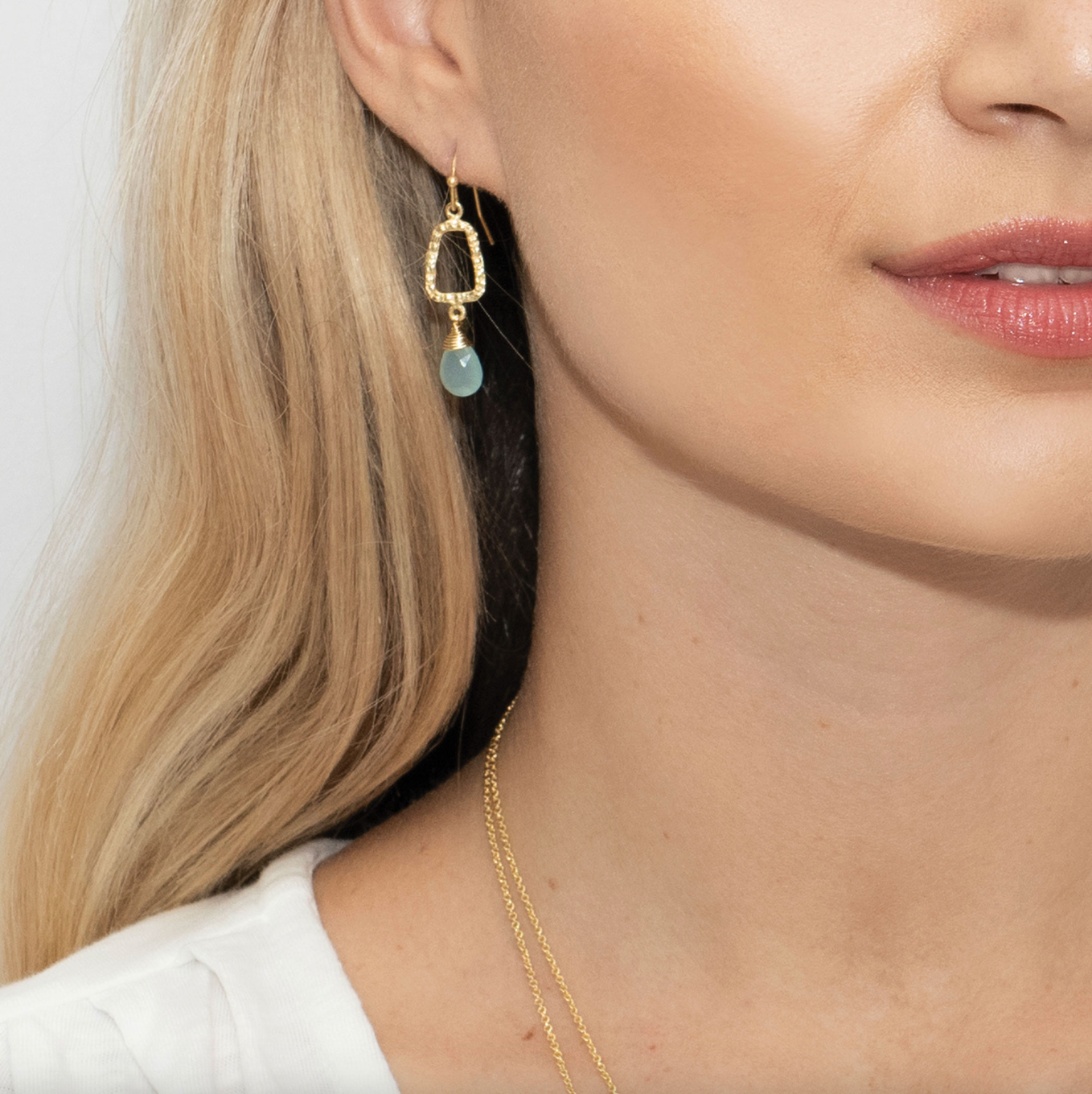 Beach House Multi Gemstone Double Chain Necklace & Aqua Calci Peardrop Earrings