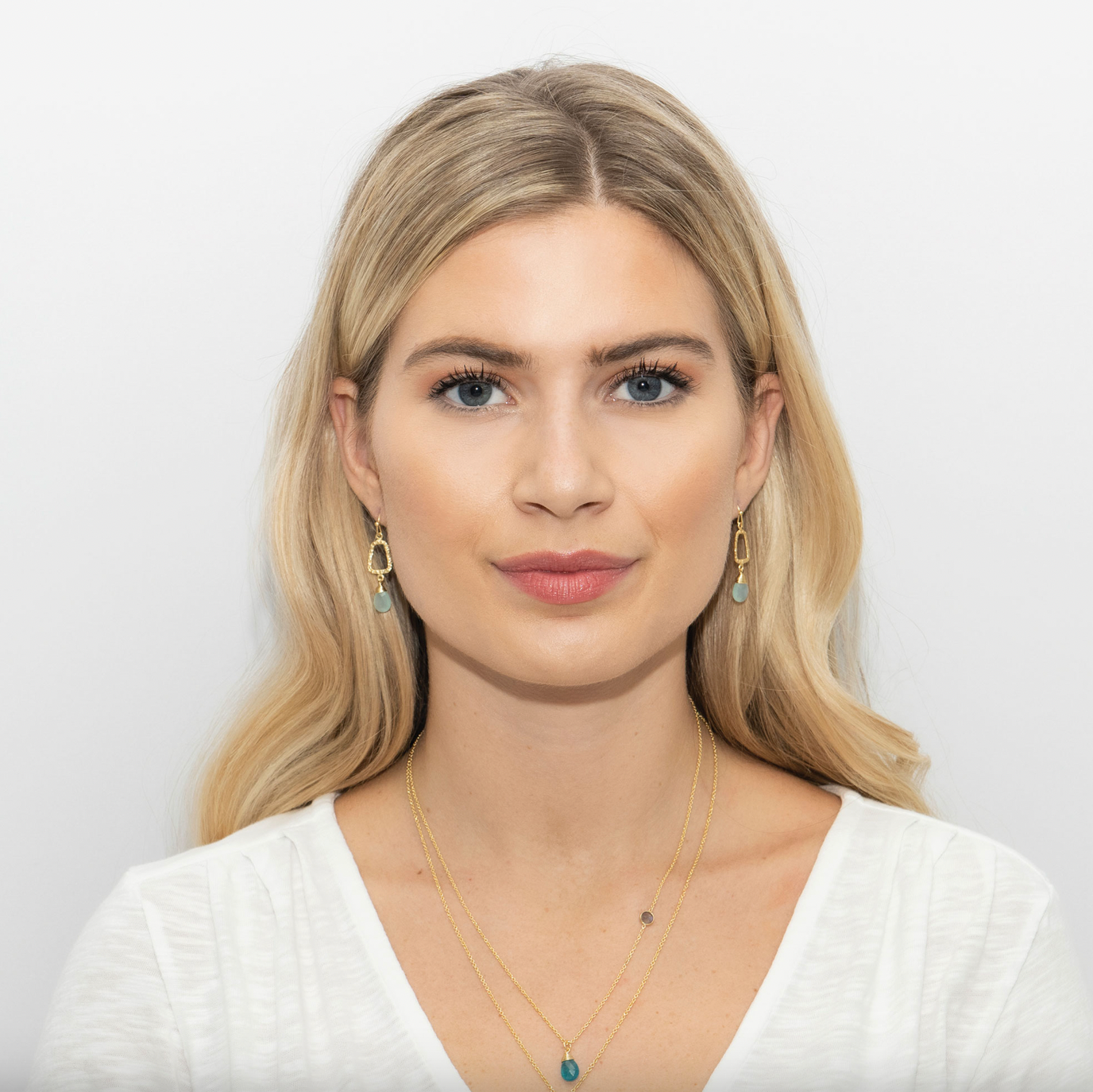 Beach House Multi Gemstone Double Chain Necklace & Aqua Calci Peardrop Earrings